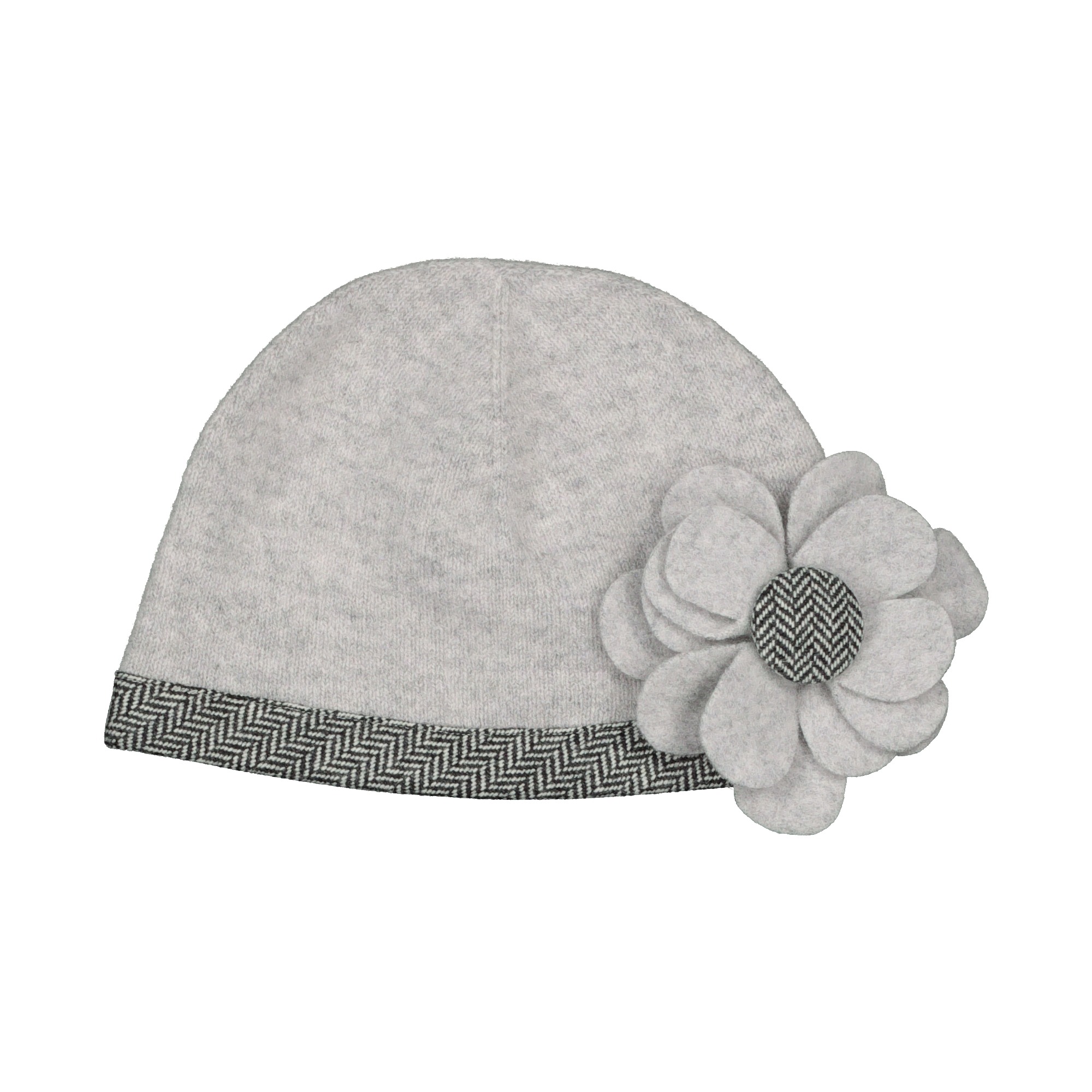 A17-02 Floral Beanie Feather in 100% lambswool with herringbone trim flower not detachable €69.95 please note trim maybe different to image